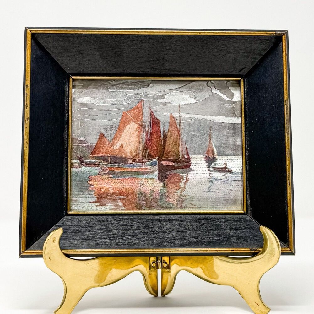 Vintage Foil Sailboat Print Framed Nautical Wall Art Mid Century Decor